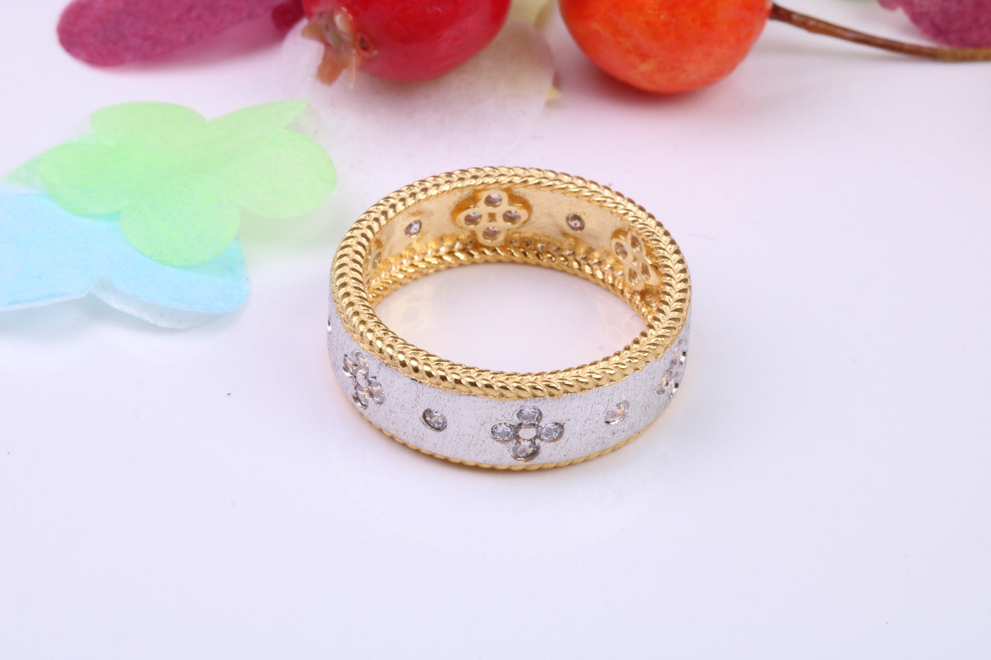 7 mm Wide Very Dressy Cubic Zirconia set Ring, Made from Solid Silver, 18ct Yellow Gold Plated