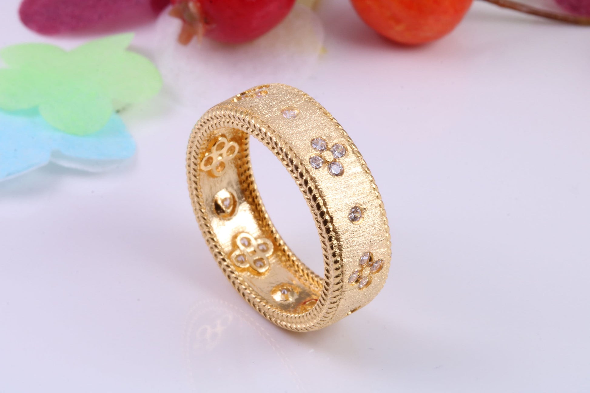 7 mm Wide Very Dressy Cubic Zirconia set Ring, Made from Solid Silver, 18ct Yellow Gold Plated