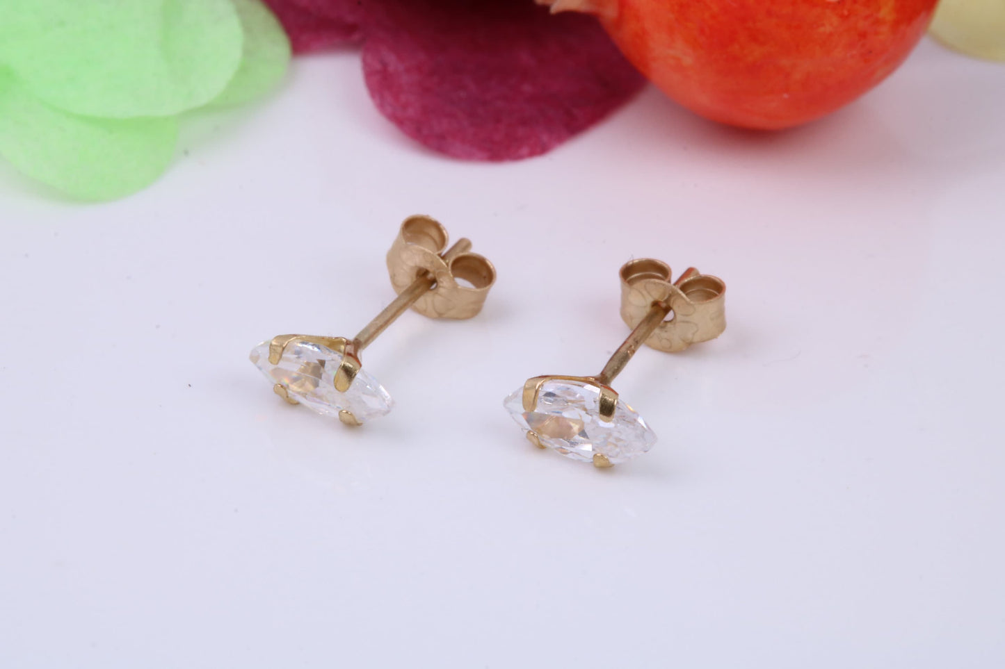 Tiny 4 x 2 mm Marquise cut Cubic Zirconia set Stud Earrings, Made from Solid 9ct Yellow Gold