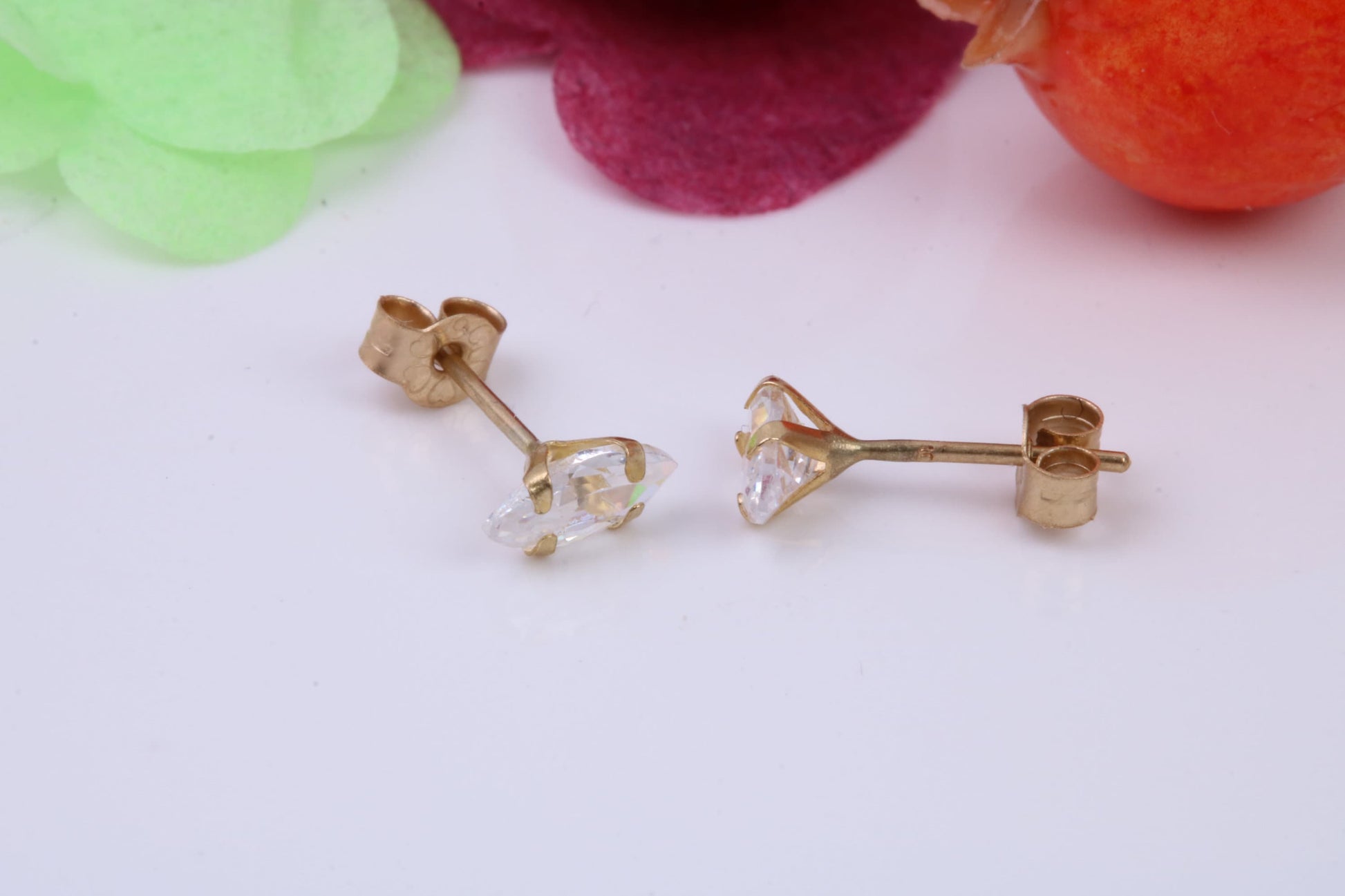 Tiny 4 x 2 mm Marquise cut Cubic Zirconia set Stud Earrings, Made from Solid 9ct Yellow Gold