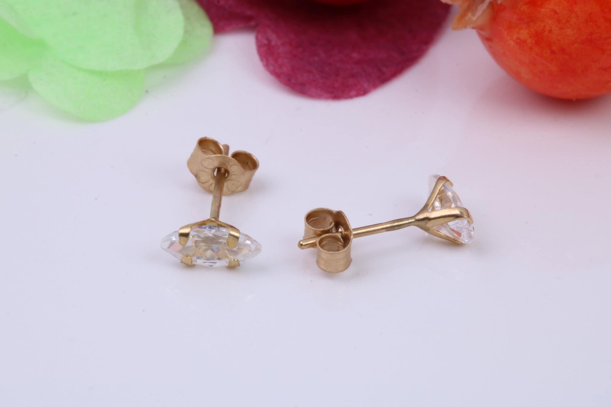 Tiny 4 x 2 mm Marquise cut Cubic Zirconia set Stud Earrings, Made from Solid 9ct Yellow Gold