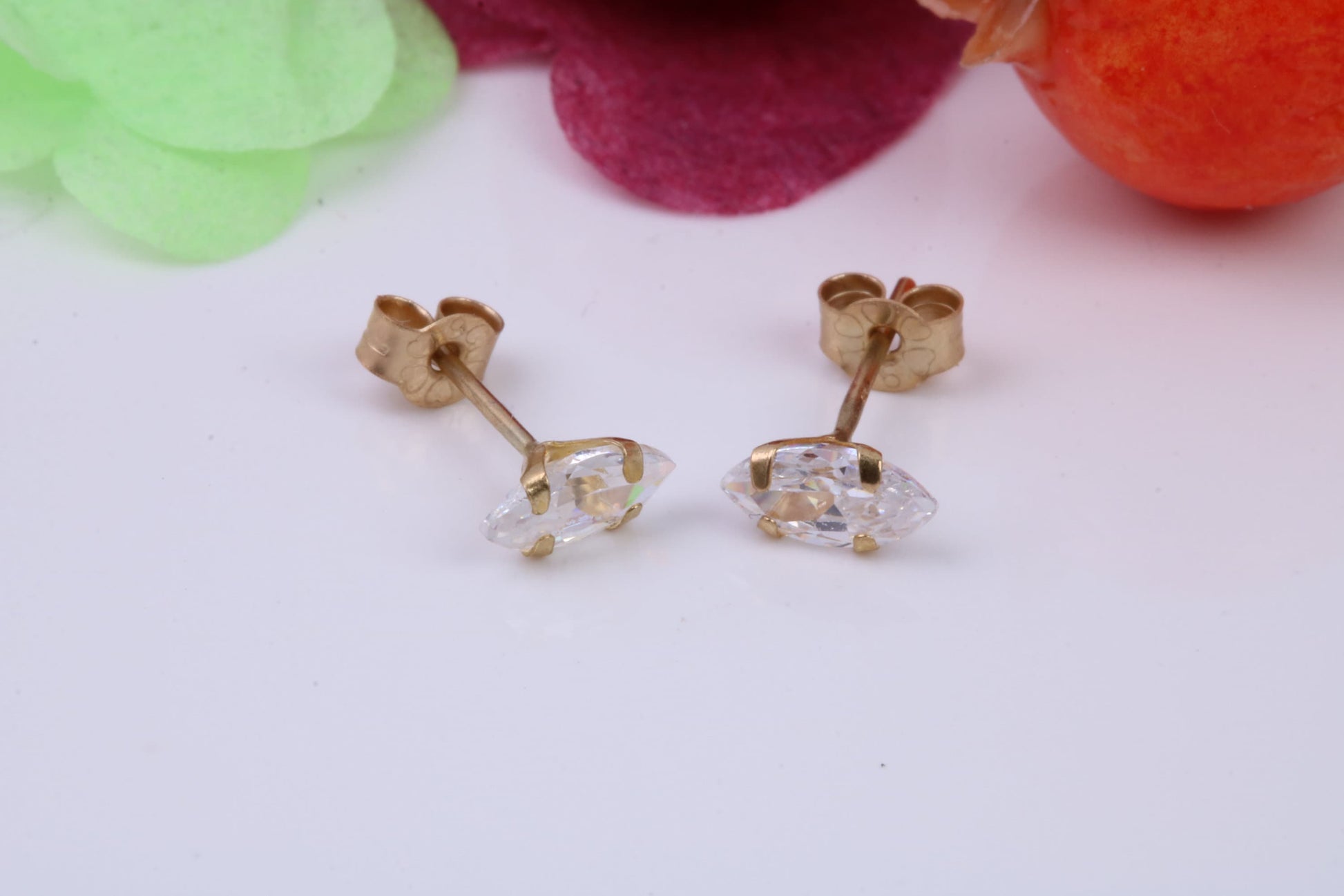 Tiny 4 x 2 mm Marquise cut Cubic Zirconia set Stud Earrings, Made from Solid 9ct Yellow Gold