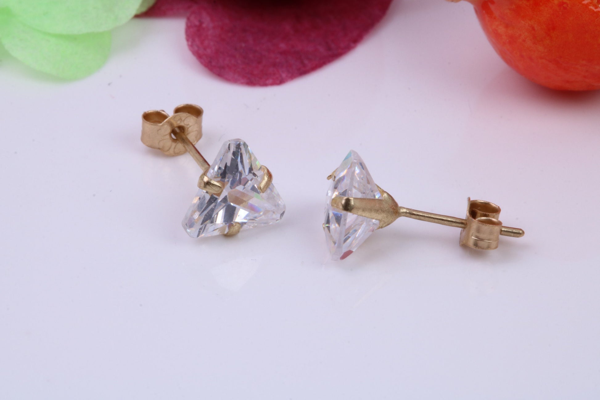Trillion cut Cubic Zirconia set Stud Earrings, Measures 5 x 5 mm, Made from Solid 9ct Yellow Gold