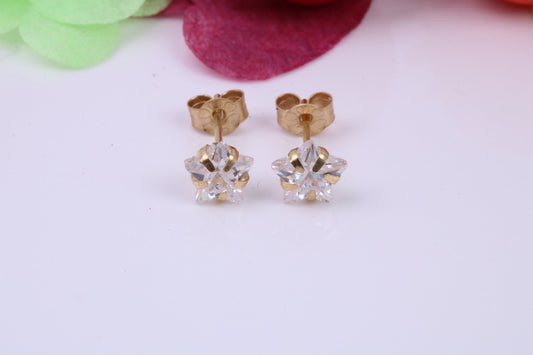 Small 4 mm Star cut Cubic Zirconia set Stud Earrings, Made from Solid 9ct Yellow Gold