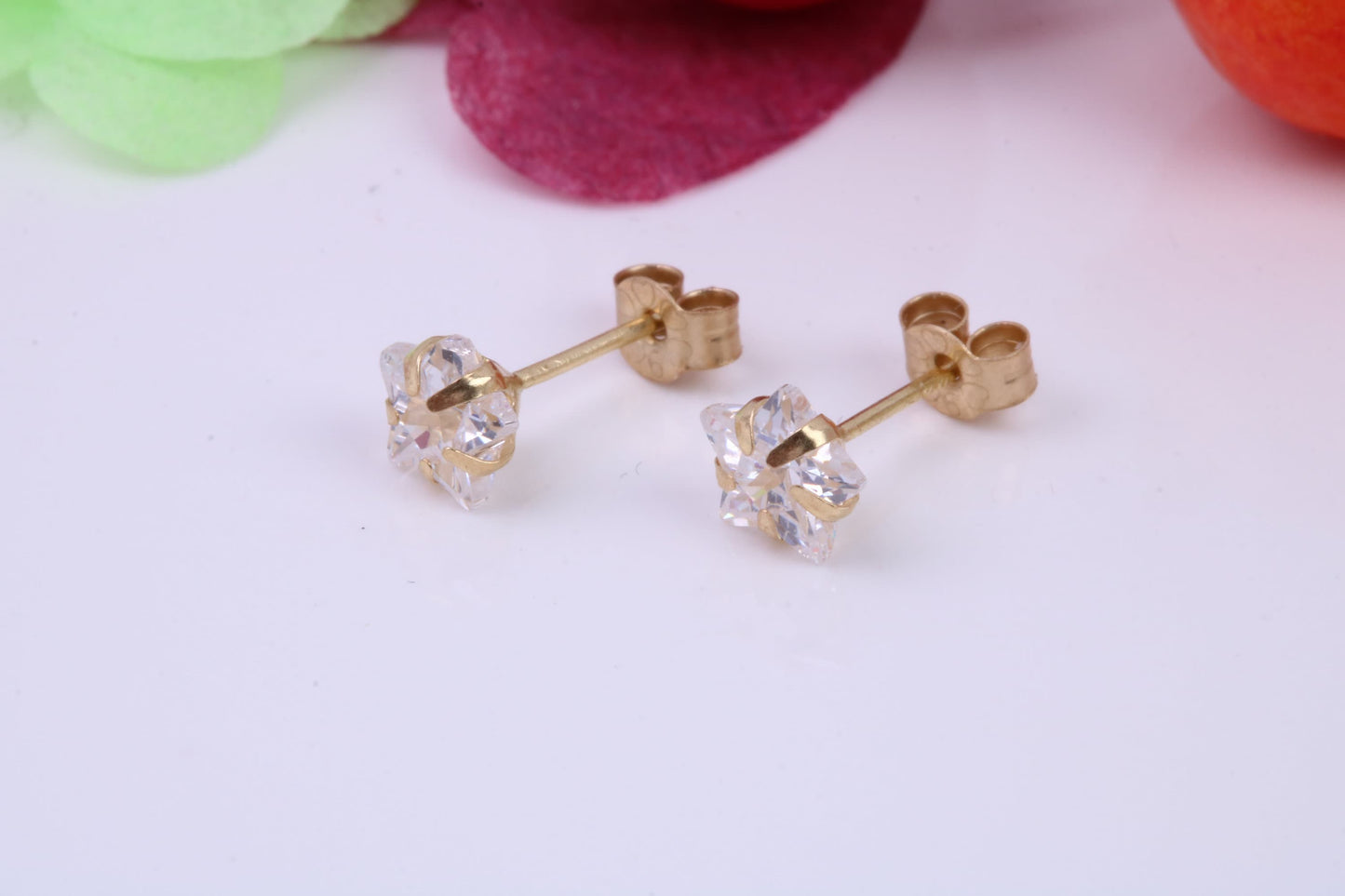 Tiny 3 mm Star cut Cubic Zirconia set Stud Earrings, Made from Solid 9ct Yellow Gold