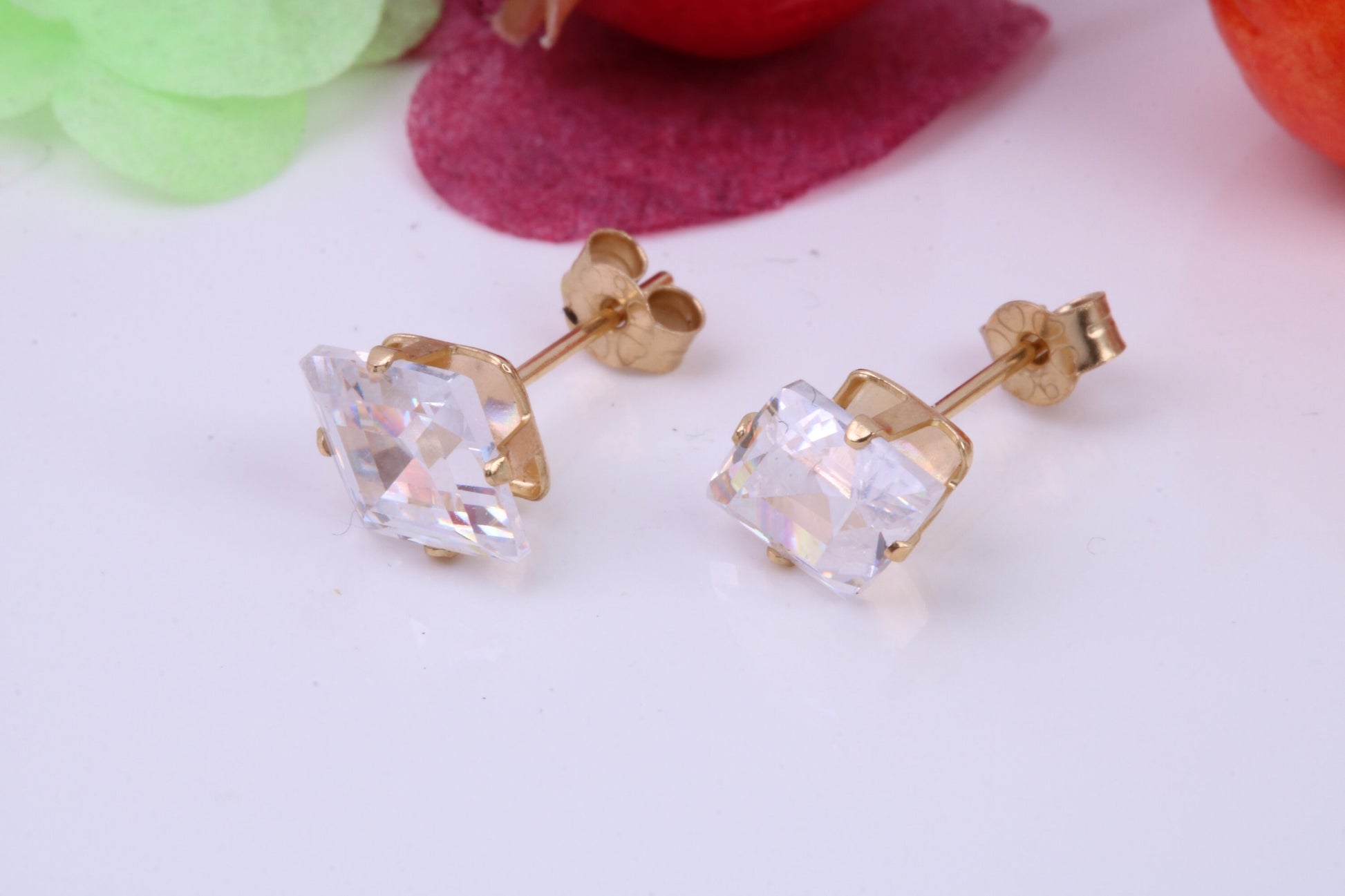 Diamond Shape cut Cubic Zirconia set Stud Earrings, Measures 8 x 6 mm, Made from Solid 9ct Yellow Gold