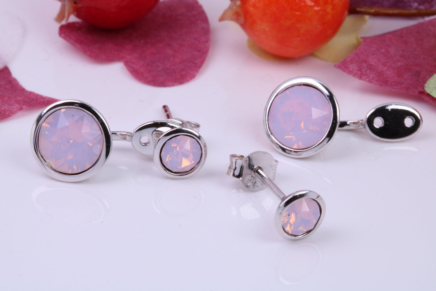 Rose White Opal set Earrings, 2 in 1 Earrings, May be Worn as Droppers or Studs, Made from 925 Grade Sterling Silver