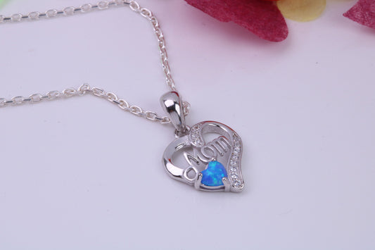 Love Mom, Blue Opal and Cubic Zirconia set Necklace, made from solid Sterling Silver