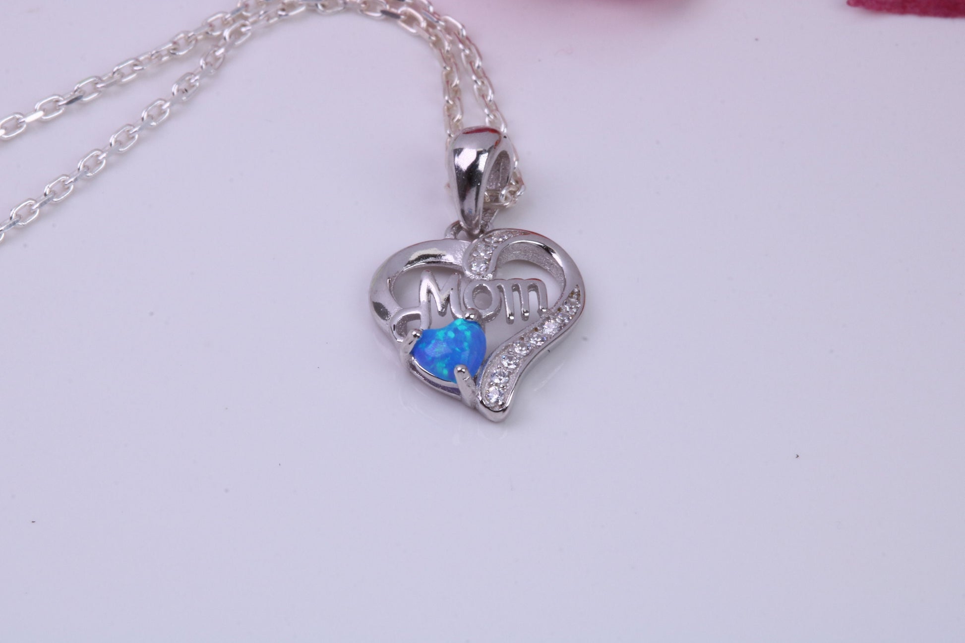 Love Mom, Blue Opal and Cubic Zirconia set Necklace, made from solid Sterling Silver
