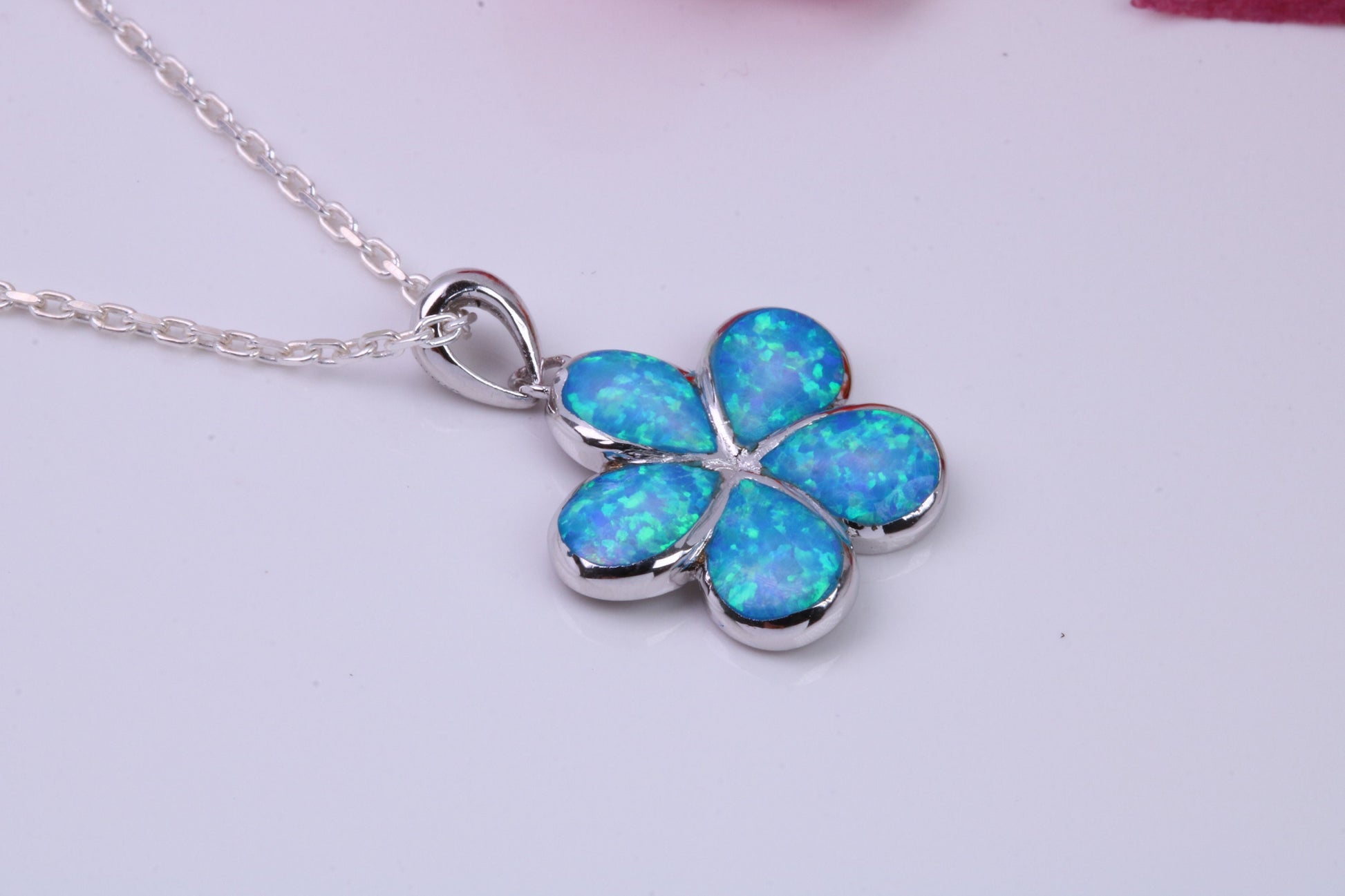 Daisy Flower Blue Opal set Necklace, made from solid Sterling Silver
