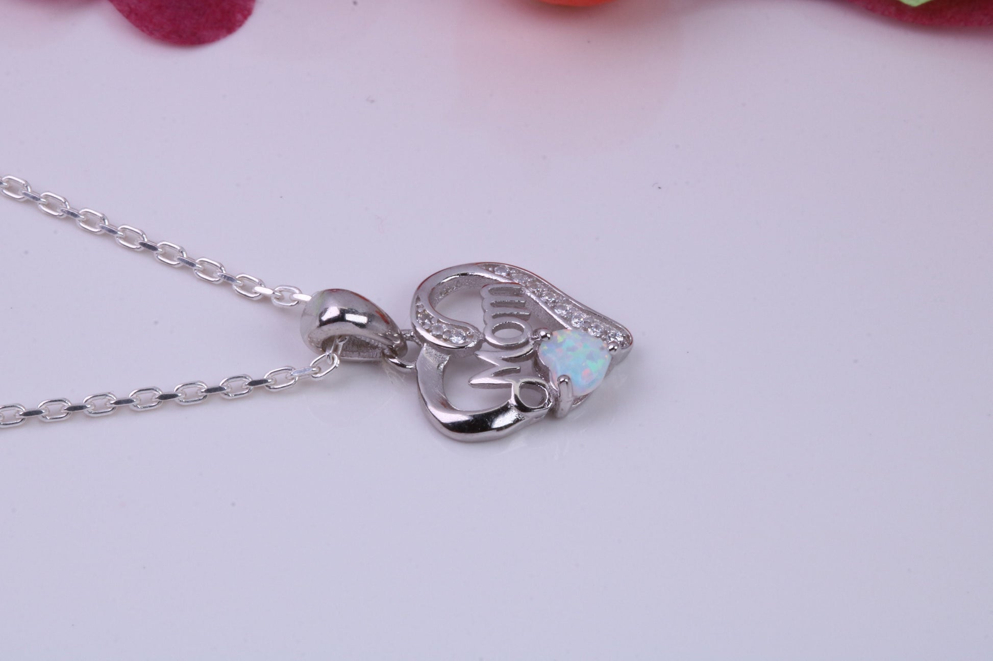 Love Mom, White Opal and Cubic Zirconia set Necklace, made from solid Sterling Silver