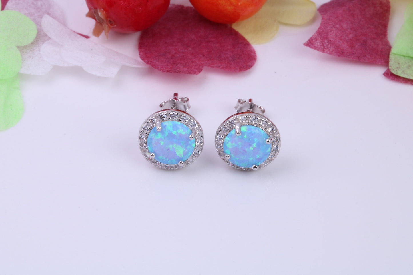 Blue Opal and Cubic Zirconia set Stud Earrings, made from solid Sterling Silver