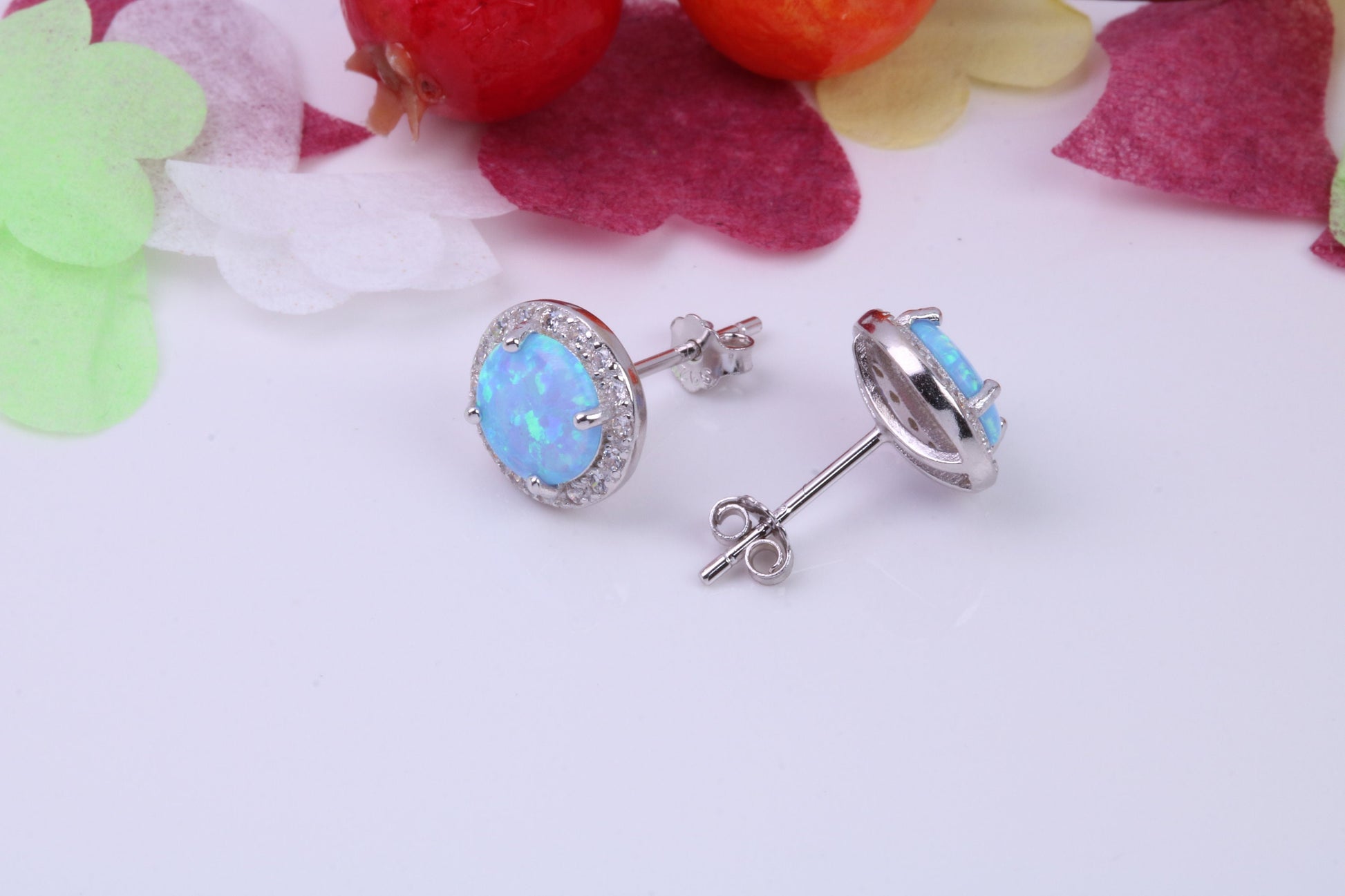 Blue Opal and Cubic Zirconia set Stud Earrings, made from solid Sterling Silver