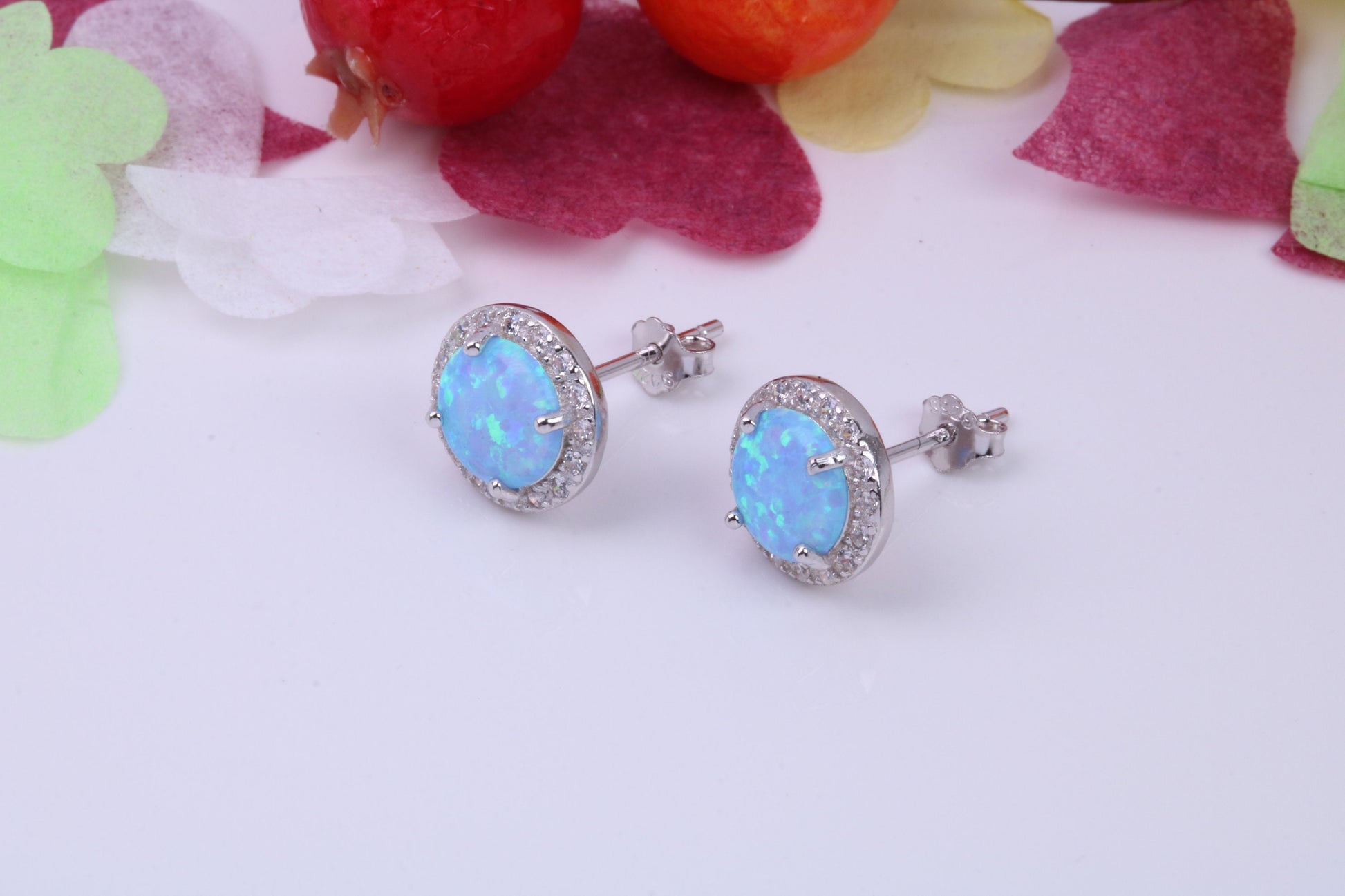 Blue Opal and Cubic Zirconia set Stud Earrings, made from solid Sterling Silver