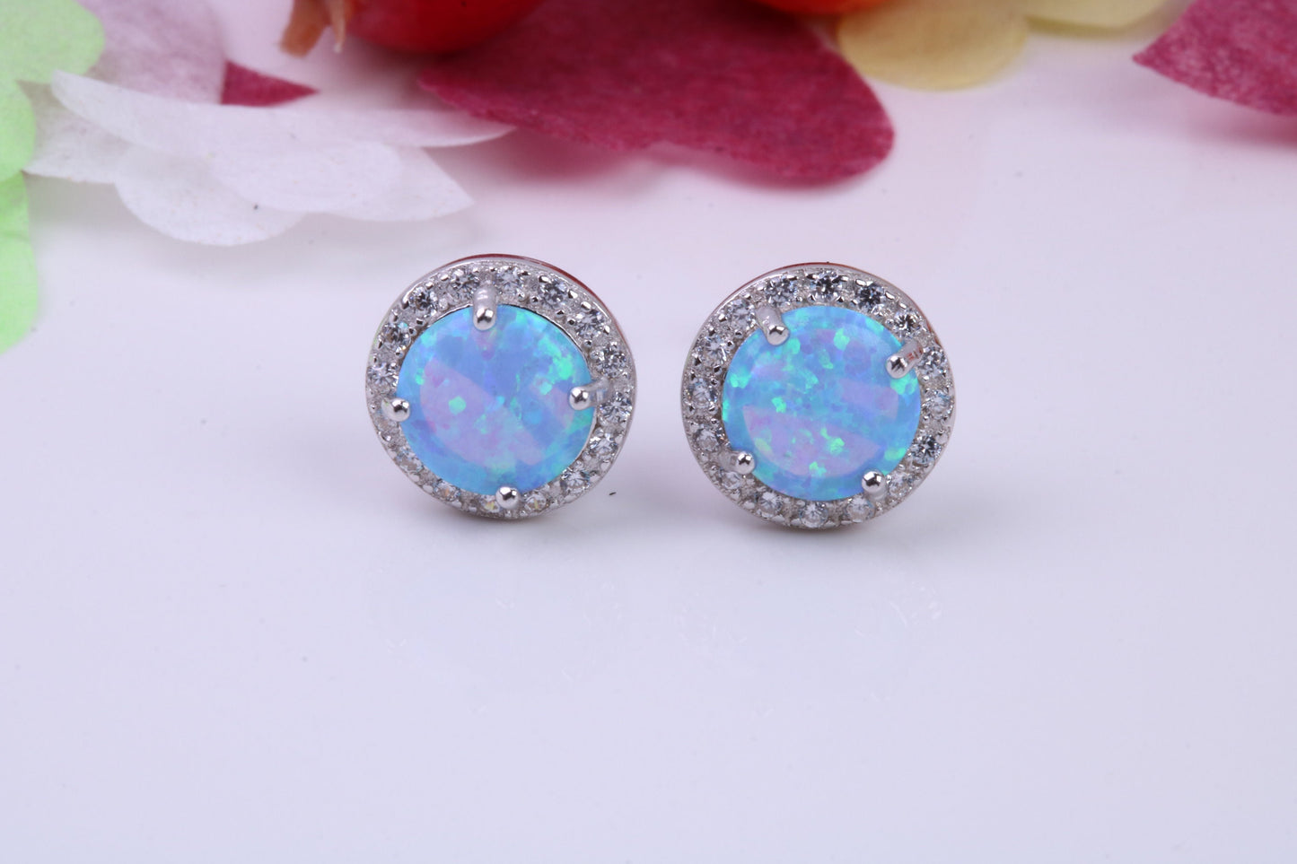 Blue Opal and Cubic Zirconia set Stud Earrings, made from solid Sterling Silver