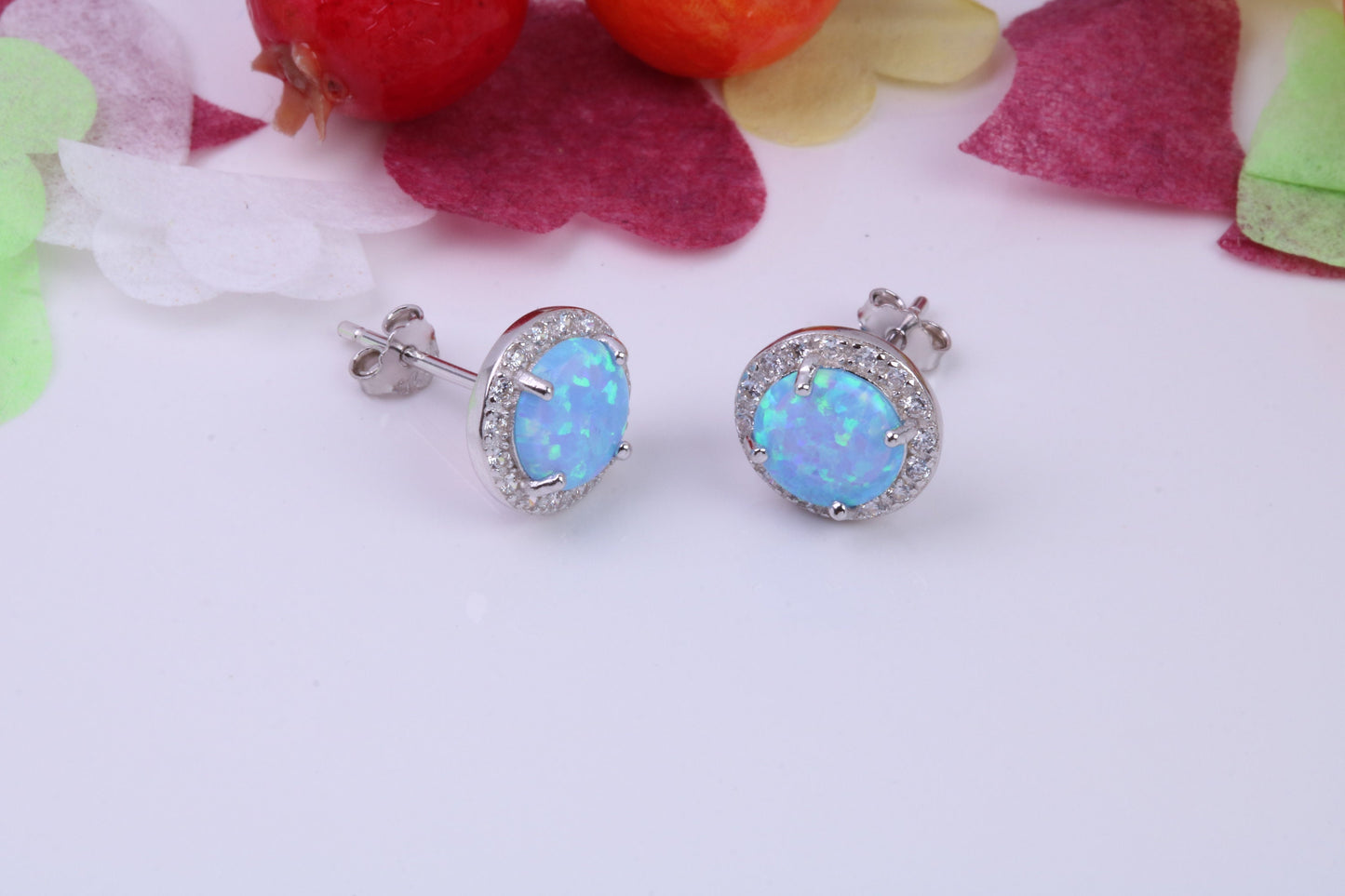 Blue Opal and Cubic Zirconia set Stud Earrings, made from solid Sterling Silver