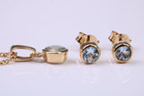 March Aquamarine C Z set Necklace and Matching Stud Earrings, made from solid Sterling Silver and 18ct Yellow Gold Plated