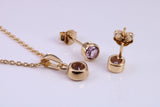 June Light Amethyst C Z set Necklace and Matching Stud Earrings, made from solid Sterling Silver and 18ct Yellow Gold Plated
