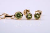 August Peridot C Z set Necklace and Matching Stud Earrings, made from solid Sterling Silver and 18ct Yellow Gold Plated