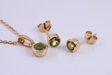 August Peridot C Z set Necklace and Matching Stud Earrings, made from solid Sterling Silver and 18ct Yellow Gold Plated