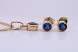 September Blue Sapphire C Z set Necklace and Matching Stud Earrings, made from solid Sterling Silver and 18ct Yellow Gold Plated