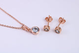 March Aquamarine C Z set Necklace and Matching Stud Earrings, made from solid Sterling Silver and 18ct Rose Gold Plated