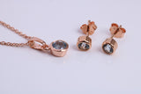 March Aquamarine C Z set Necklace and Matching Stud Earrings, made from solid Sterling Silver and 18ct Rose Gold Plated