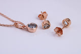 March Aquamarine C Z set Necklace and Matching Stud Earrings, made from solid Sterling Silver and 18ct Rose Gold Plated