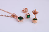 May Emerald C Z set Necklace and Matching Stud Earrings, made from solid Sterling Silver and 18ct Rose Gold Plated