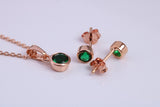 May Emerald C Z set Necklace and Matching Stud Earrings, made from solid Sterling Silver and 18ct Rose Gold Plated