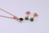 May Emerald C Z set Necklace and Matching Stud Earrings, made from solid Sterling Silver and 18ct Rose Gold Plated