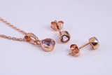 June Light Amethyst C Z set Necklace and Matching Stud Earrings, made from solid Sterling Silver and 18ct Rose Gold Plated