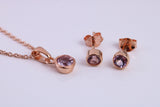 June Light Amethyst C Z set Necklace and Matching Stud Earrings, made from solid Sterling Silver and 18ct Rose Gold Plated