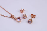 June Light Amethyst C Z set Necklace and Matching Stud Earrings, made from solid Sterling Silver and 18ct Rose Gold Plated