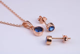 September Blue Sapphire C Z set Necklace and Matching Stud Earrings, made from solid Sterling Silver and 18ct Rose Gold Plated