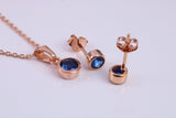 September Blue Sapphire C Z set Necklace and Matching Stud Earrings, made from solid Sterling Silver and 18ct Rose Gold Plated