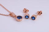 September Blue Sapphire C Z set Necklace and Matching Stud Earrings, made from solid Sterling Silver and 18ct Rose Gold Plated