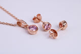 October Pink Rose C Z set Necklace and Matching Stud Earrings, made from solid Sterling Silver and 18ct Rose Gold Plated
