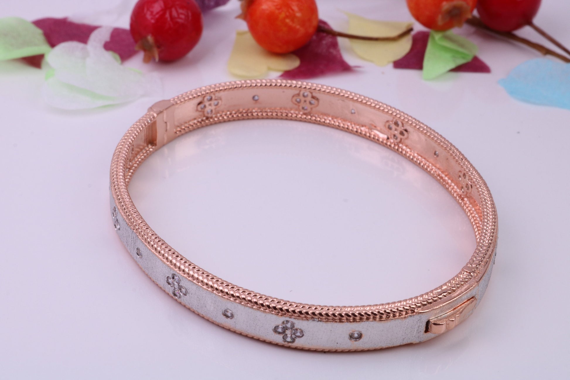 Hinged Bangle set with Diamond White Cubic Zirconia, Made from solid Sterling Silver, 18ct Rose Gold Plated, Matt Finished