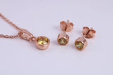 November Yellow Topaz C Z set Necklace and Matching Stud Earrings, made from solid Sterling Silver and 18ct Rose Gold Plated