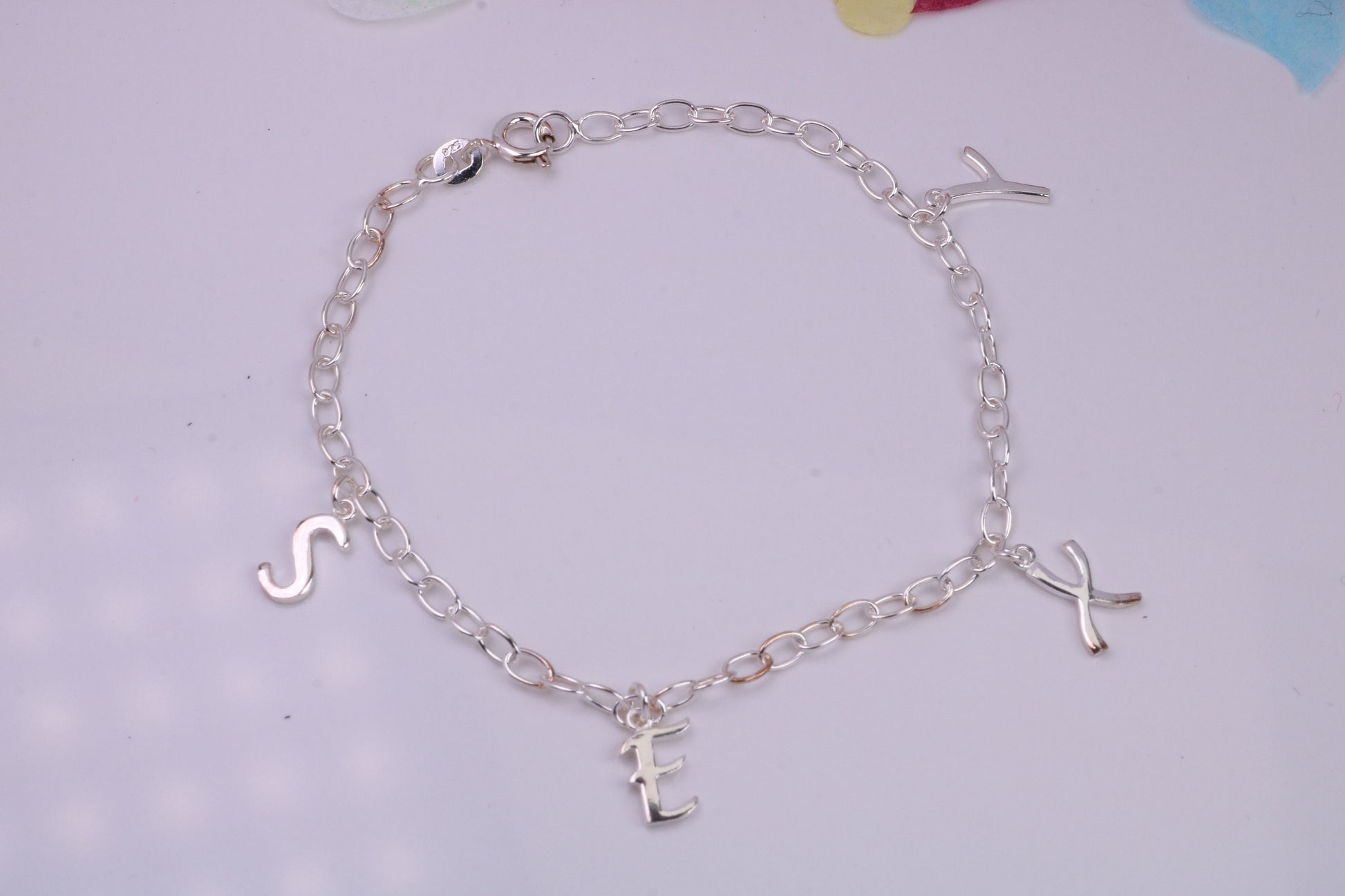 Initial Bracelet Reading Sexy, made from solid Sterling Silver, 7.50 Inches Long