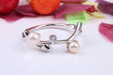 Tree Branch Ring set with Pearls and Cubic Zirconia, Made from solid Silver