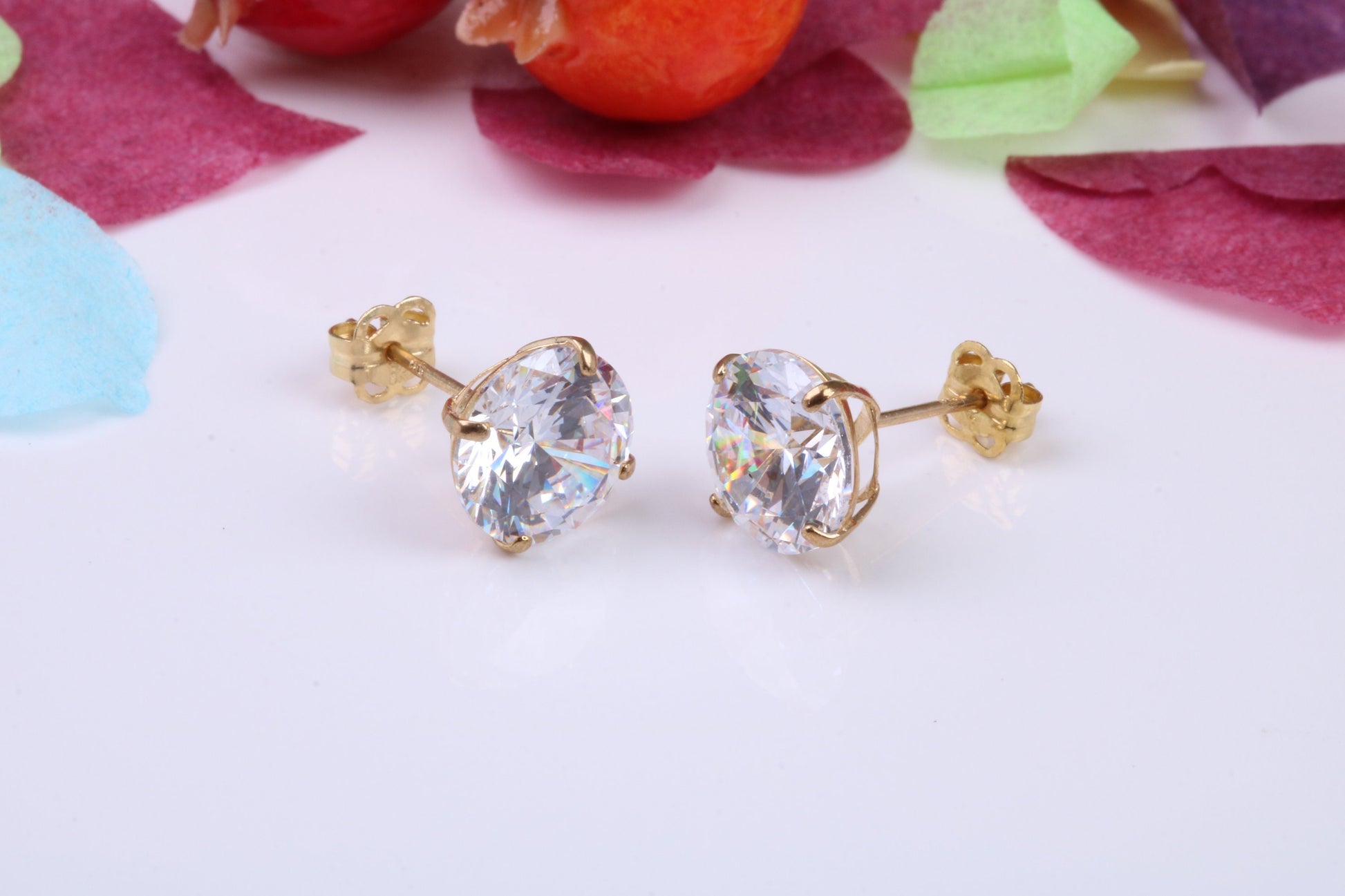 Cast Gold 8 mm Round Cubic Zirconia set Stud Earrings, Made from Solid 9ct Yellow Gold Casting, Ideal for Gents