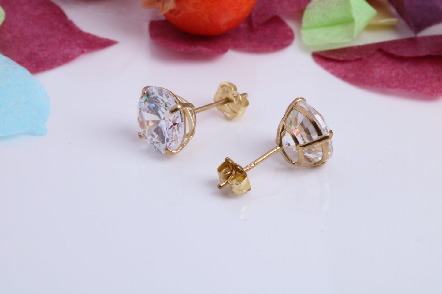 Cast Gold 8 mm Round Cubic Zirconia set Stud Earrings, Made from Solid 9ct Yellow Gold Casting, Ideal for Gents