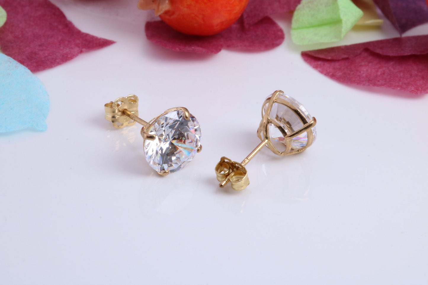 Cast Gold 8 mm Round Cubic Zirconia set Stud Earrings, Made from Solid 9ct Yellow Gold Casting, Ideal for Gents