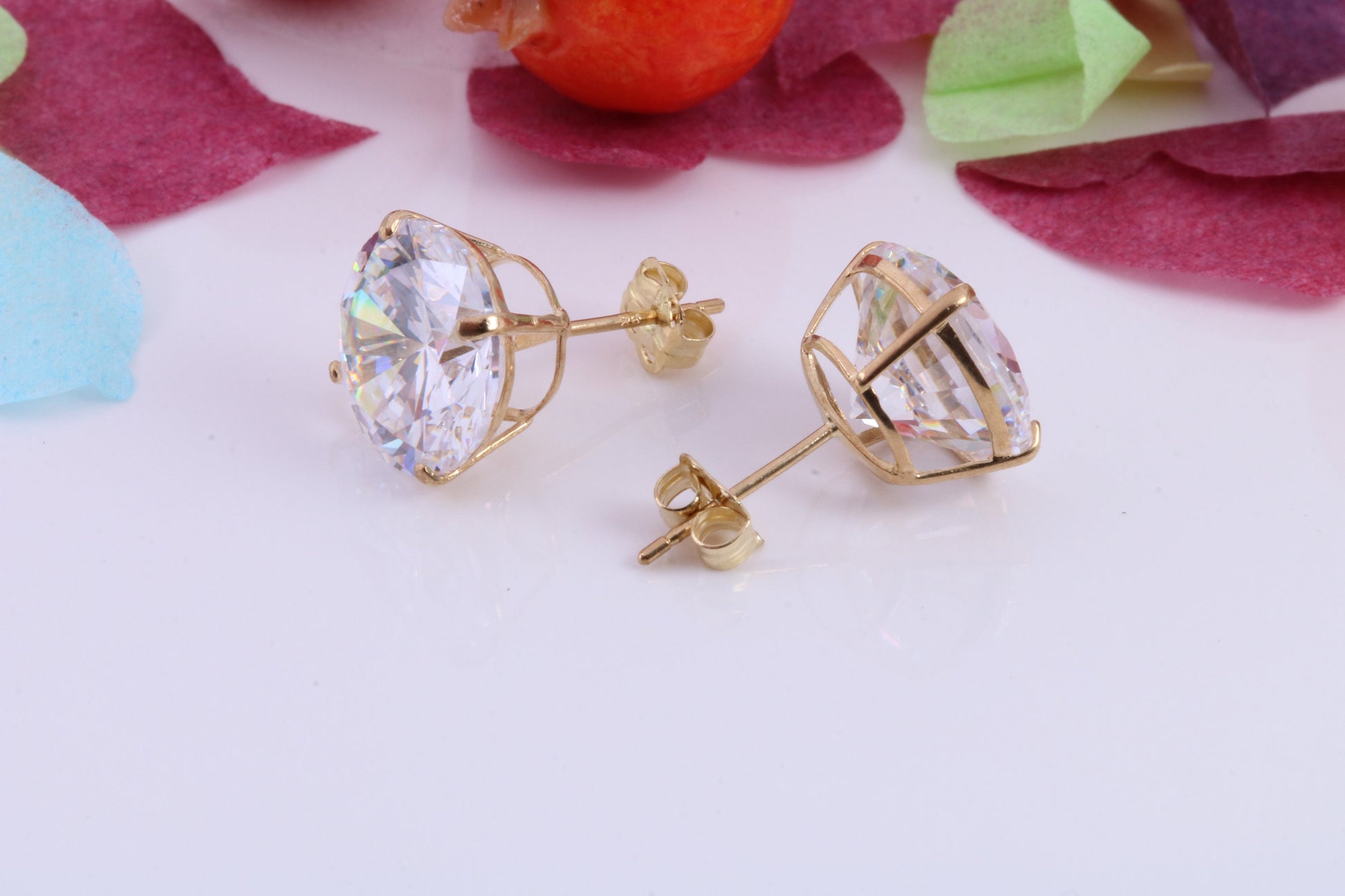 Cast Gold 10 mm Round Cubic Zirconia set Stud Earrings, Made from Solid 9ct Yellow Gold Casting, Ideal for Gents