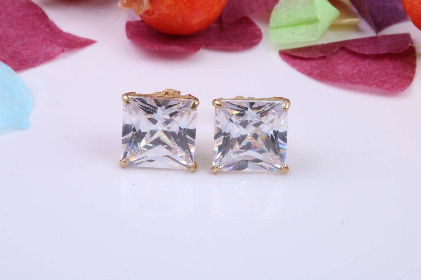 Cast Gold 9 mm Square Cubic Zirconia set Stud Earrings, Made from Solid 9ct Yellow Gold Casting, Ideal for Gents