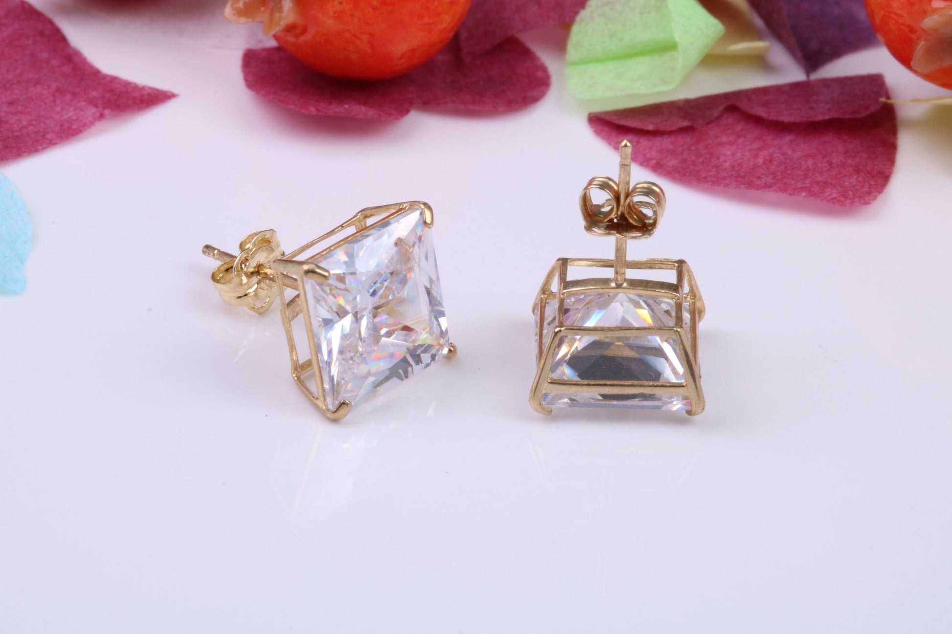 Cast Gold 9 mm Square Cubic Zirconia set Stud Earrings, Made from Solid 9ct Yellow Gold Casting, Ideal for Gents