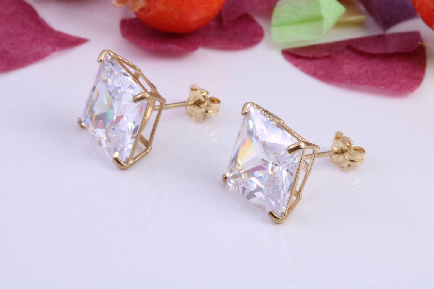 Cast Gold 10 mm Square Cubic Zirconia set Stud Earrings, Made from Solid 9ct Yellow Gold Casting, Ideal for Gents