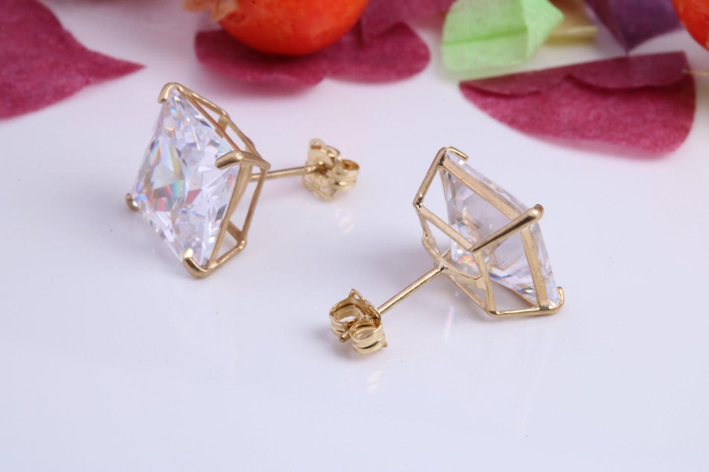 Cast Gold 10 mm Square Cubic Zirconia set Stud Earrings, Made from Solid 9ct Yellow Gold Casting, Ideal for Gents